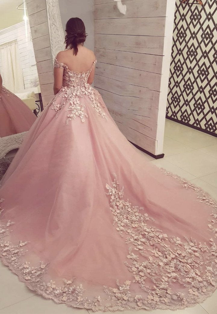Pink tulle appliqu� long ball gown dress formal dress - View 3 | VelvetHem