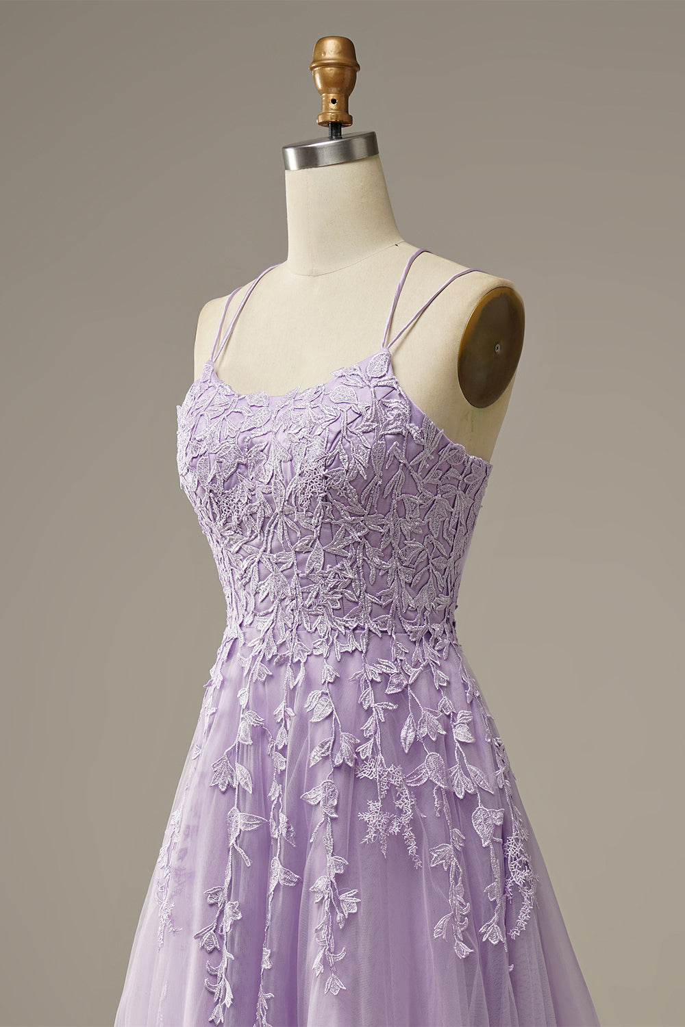 Spaghetti Straps Lilac Tulle Lace Long Prom Dress