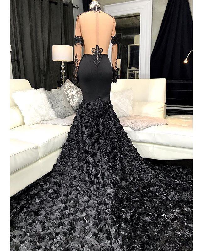 Unique Lace Appliques Flowers High-Neck Prom Dresses Sheer Tulle Fit And Flare Evening Gowns - View 2 | VelvetHem