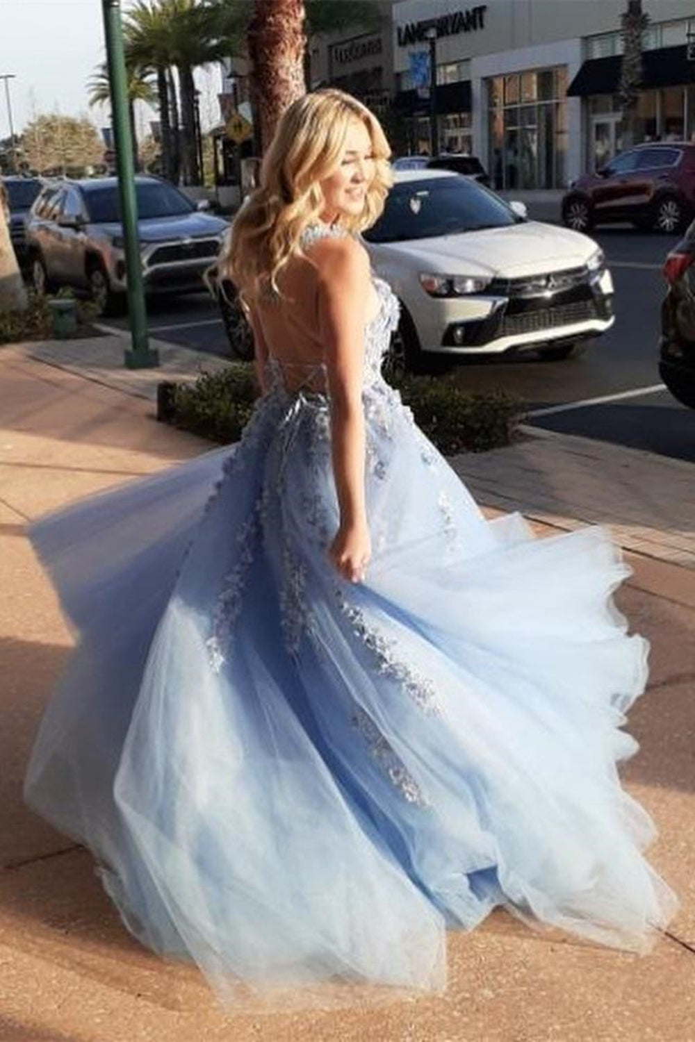 Elegant Backless Light Blue Lace Floral Long Prom Dresses, 3D Flowers Light Blue Lace Formal Dresses, Light Blue Evening Dresses - View 2 | VelvetHem