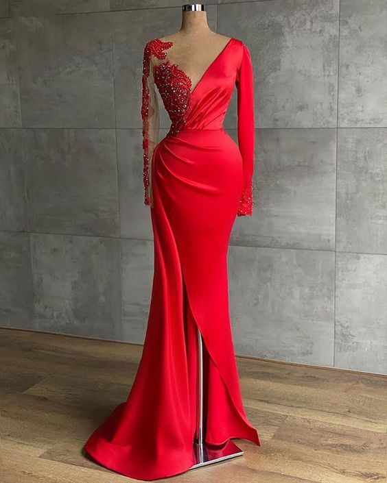 Long Red Satin Evening Dresses Sheer Neckline Long Sleeve Beaded African High Slit Women Formal Prom Dress S24678