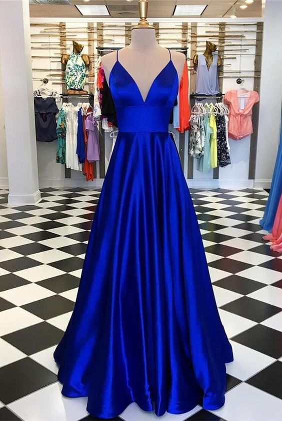 A Line V Neck Royal Blue Prom Dress, Long Satin Evening Party Dress - VelvetHem