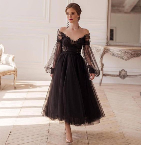 Elegant Black Illusion Full Sleeve V-Neck Lace Appliques Backless A-Line Ankle-Length Evening Dress S26660 - VelvetHem