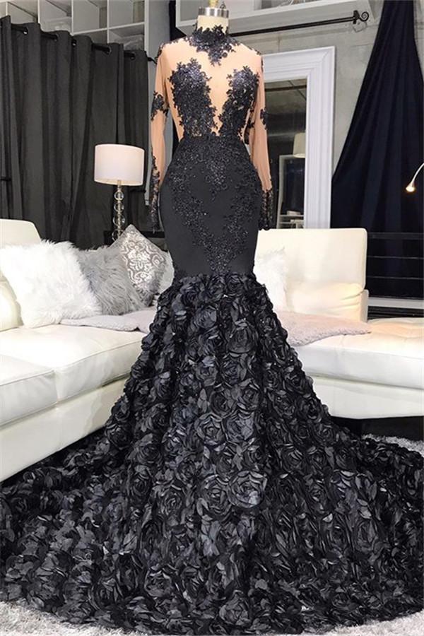 Unique Lace Appliques Flowers High-Neck Prom Dresses Sheer Tulle Fit And Flare Evening Gowns
