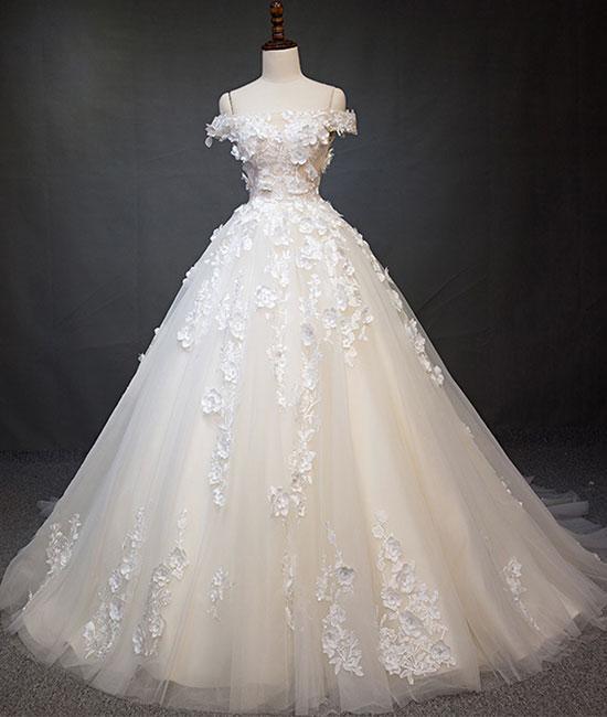 White tulle lace applique long prom dress, white lace wedding dress - VelvetHem