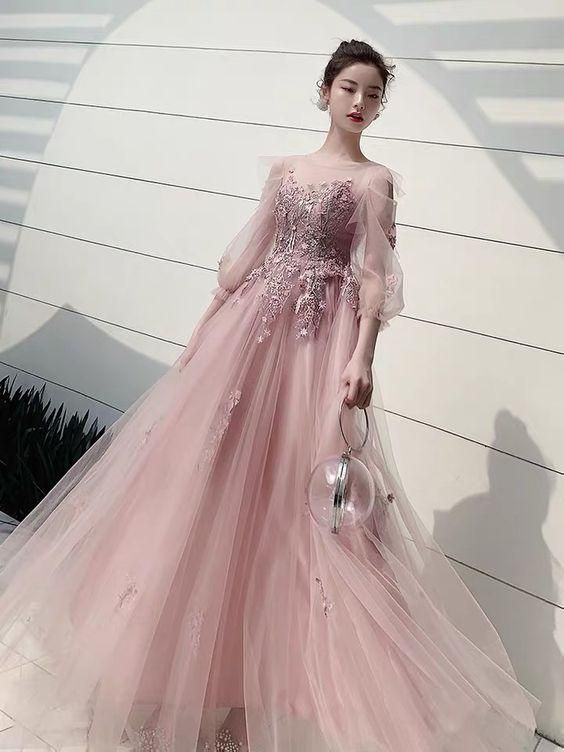 Long sleeve evening dress, fairy dream pink party Long prom Dress - VelvetHem