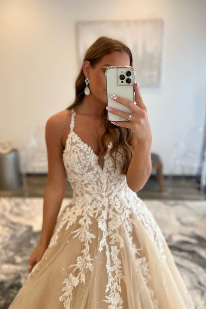 V Neck Champagne Lace Prom Dresses, Long Champagne Lace Formal Evening Dresses - VelvetHem