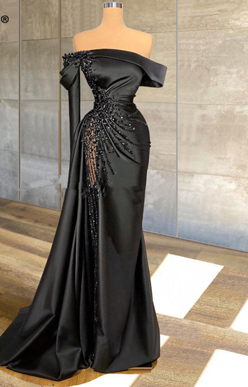 Sexy Black Long Satin Prom Dress Off The Shoulder See Through Beaded Top Pageant Women Party Dresses