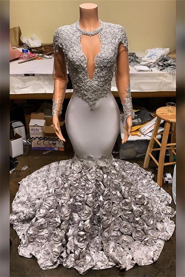 Silver Party Dress Fit And Flare Floral Prom Dresses Lace Appliques Real Shooting Formal Dresses