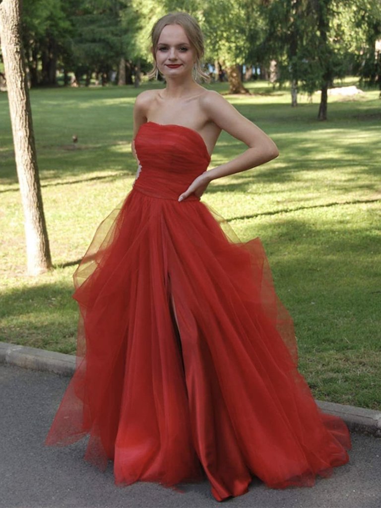 Strapless Red Tulle Long Prom Dresses Red Tulle Long Formal Evening Dresses - VelvetHem
