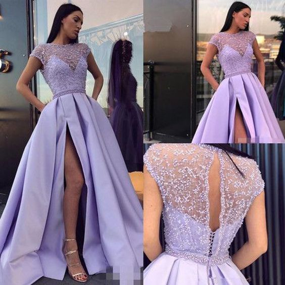 Charming Lilac Side Split Beaded See Through Cap Sleeve Prom Dresses,Long Prom Dress - View 2 | VelvetHem