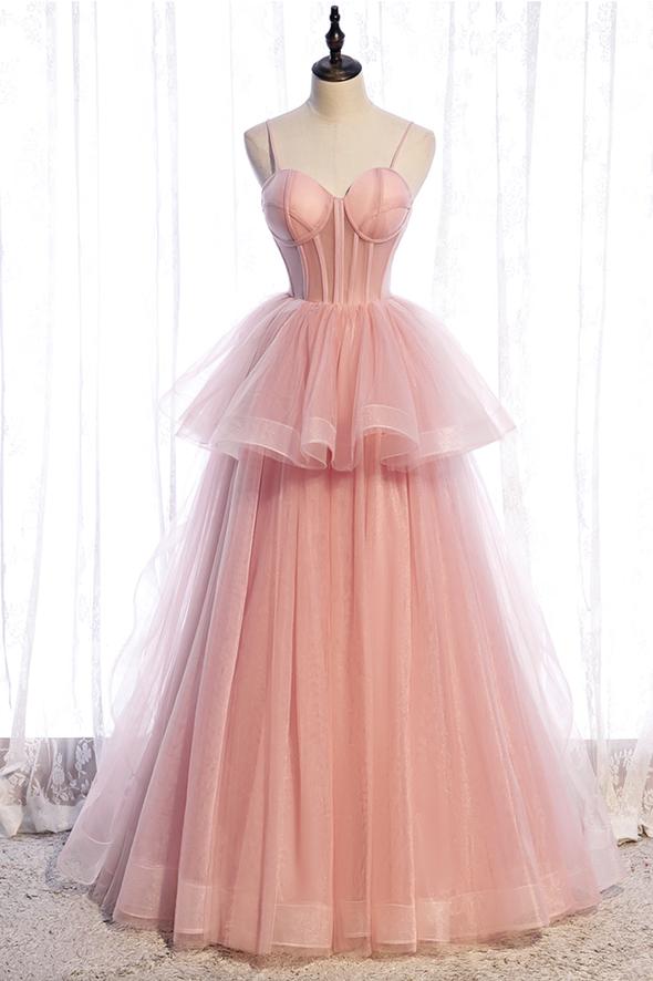 Pink tulle long prom dress A line evening gown - VelvetHem