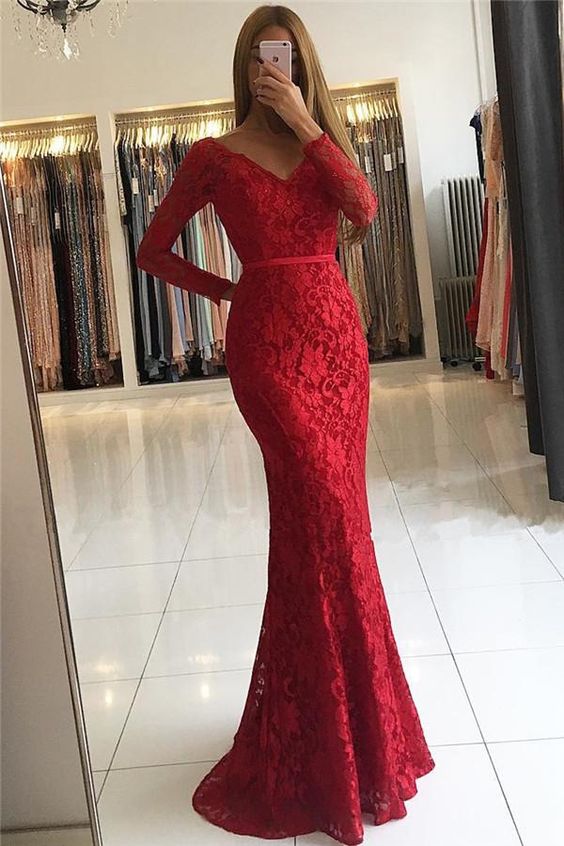 Chic Vneck Open Back Scarlet Lace Evening Dresses Elegant Long Sleeves Prom Dress - VelvetHem