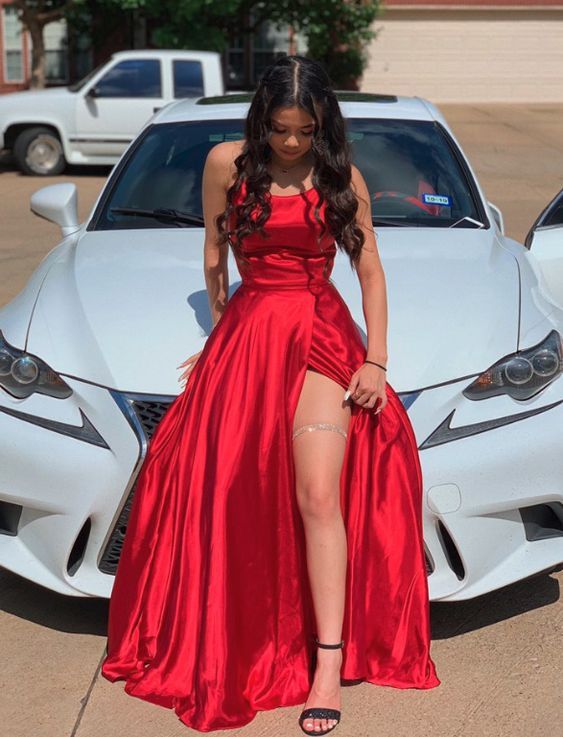Red Satin Long Prom Gown Front Slit Evening Dresses Floor Length Prom Dresses S26169 - VelvetHem