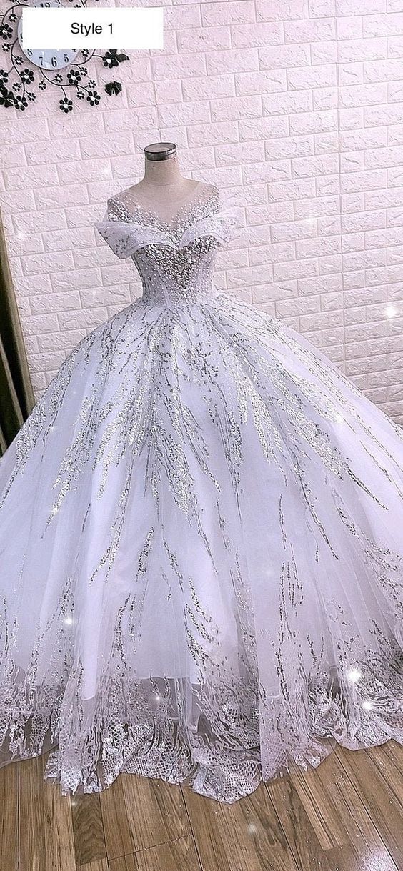 Luxurious white queen style sleeves beaded crystals sparkle ball gown wedding dress with glitter tulle - VelvetHem