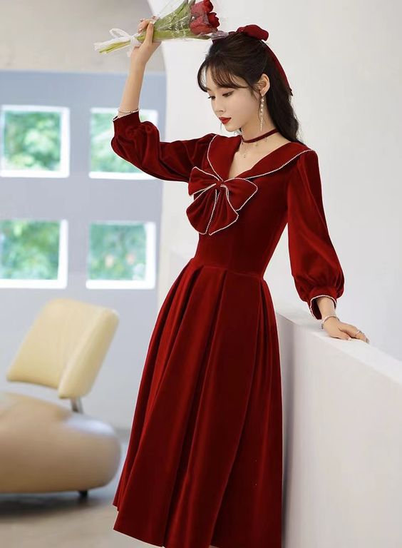 New style, autumn and winter long sleeve dress, party velvet evening dress, New Year prom dress,custom made - VelvetHem