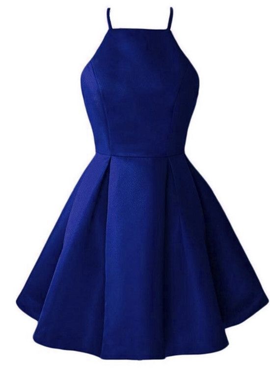 Blue Short Halter Satin Party Dresses, Short Prom Dresses , Blue Homecoming Dresses - VelvetHem