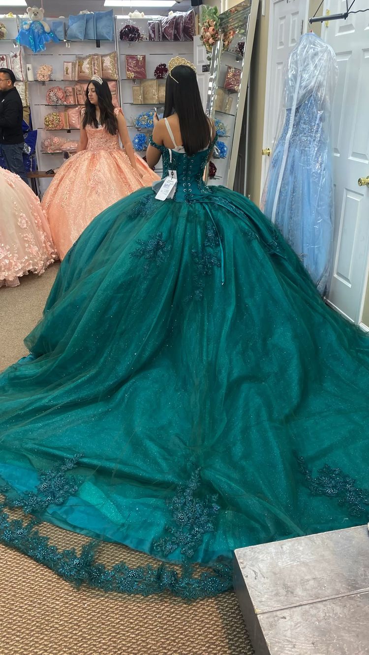 Off The Shoulder Ball Gown With Train Appliques Sweet 16 Dress Lace-up Back - View 2 | VelvetHem