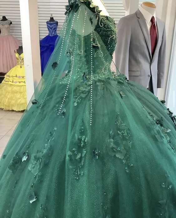 Emeral Green Ball Gown 3D Flowers Sweet 16 Dress - VelvetHem