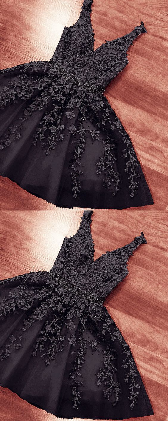 Short Black Lace Embroidery V Neck Homecoming Party Dress A-line Party Dress