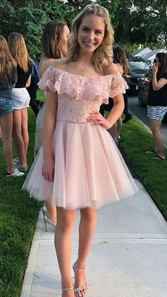 Cute Off The Shoulder Lace Top Tulle Homecoming Dress - VelvetHem