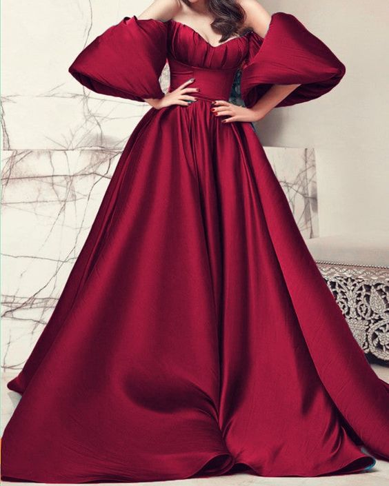 New Puffy Sleeves Prom Dresses Satin Long - VelvetHem