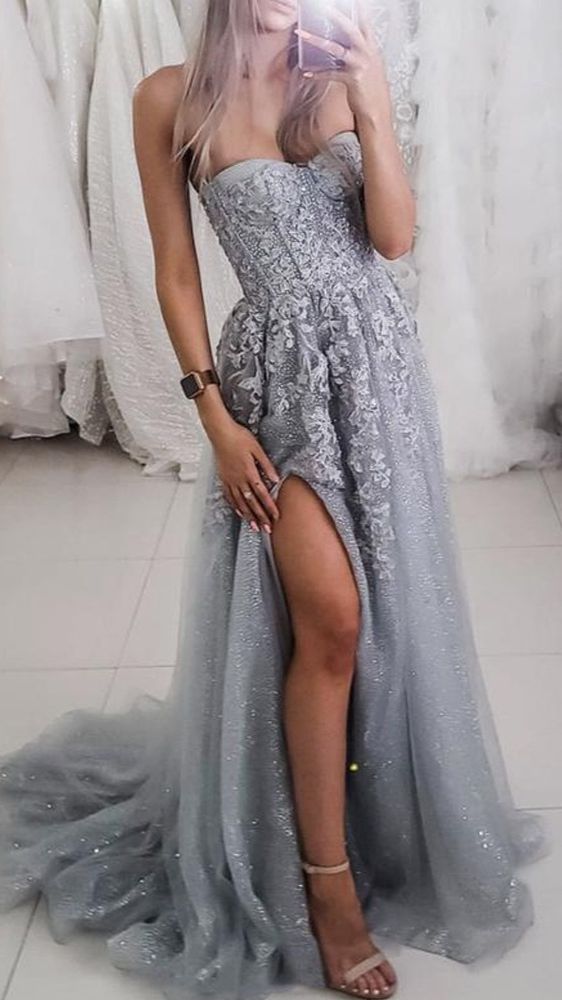 Gray tulle lace long A line prom dress evening dress