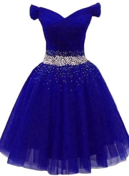 Charming Royal Blue Tulle Party Dress Beaded Short Homecoming Dress Y675 by simplepromdress