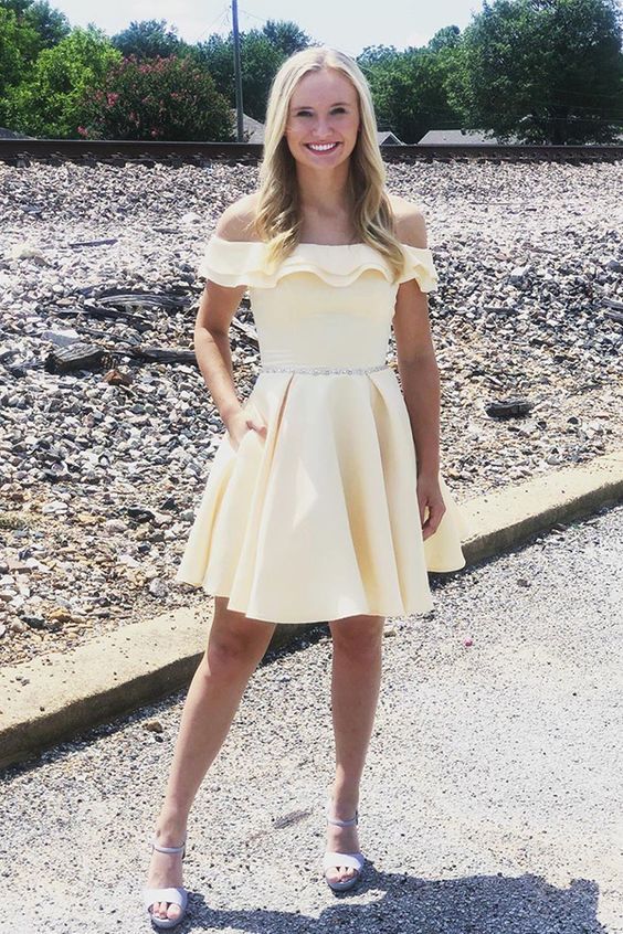 Short Off Shoulder Yellow Homecoming Dress - VelvetHem