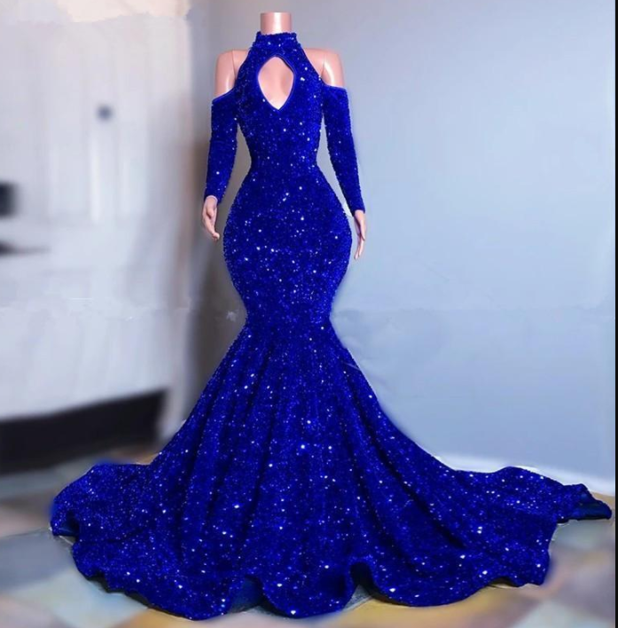 Plus Size Royal Blue Sparkly Sequins Prom Dresses Long Sleeves Mermaid Evening Gowns Elegant Off Shoulder Women Formal Dress Y1271 - VelvetHem