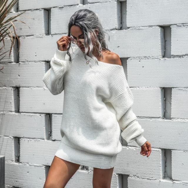 DressBetty - Off-shoulder Lantern Sleeve Knitted Sweater Dress - View 5 | VelvetHem