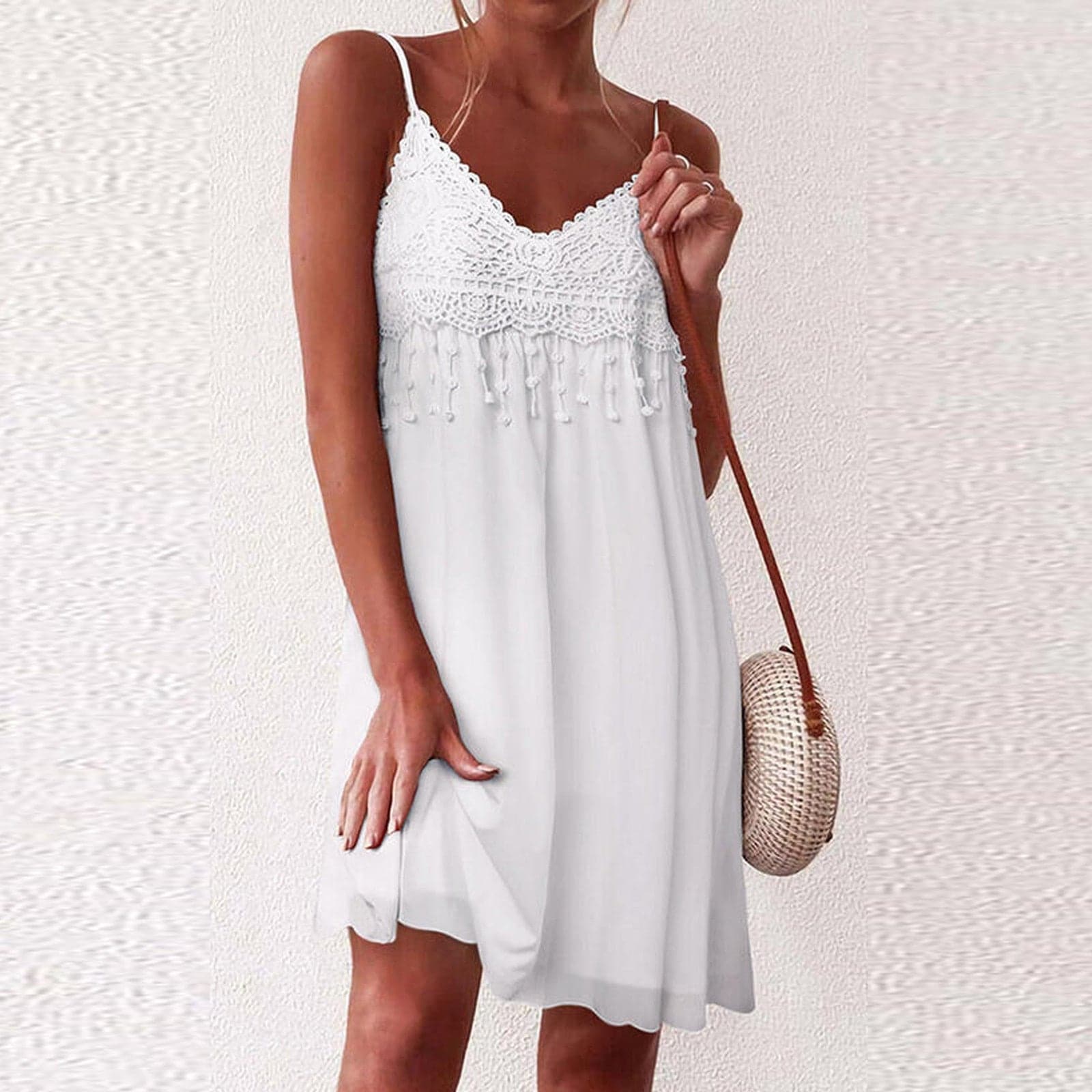 VNeck Strap Open White Lace Sleeveless Loose Elegant Mini Dress