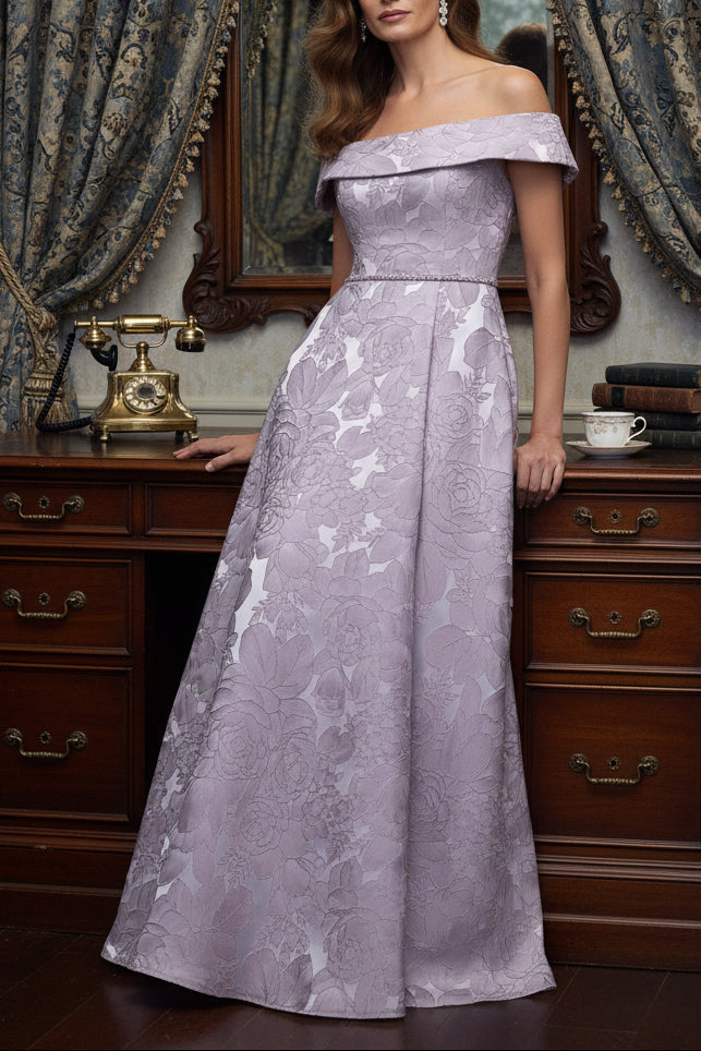 Strapless Fold Over Neckline Floral Brocade Evening Gown