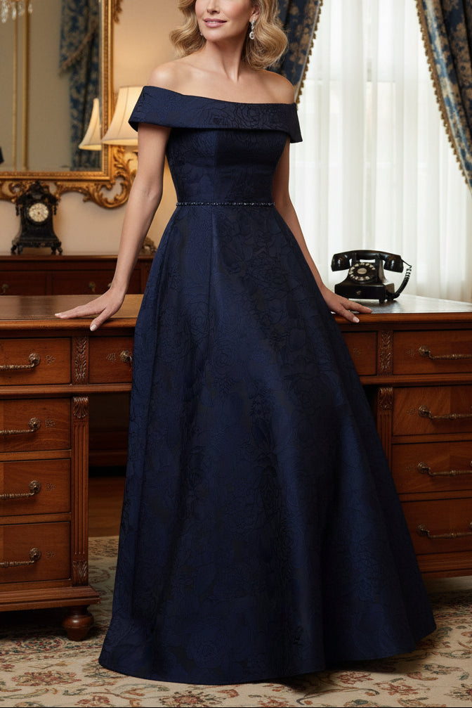 Strapless Fold Over Neckline Floral Brocade Evening Gown