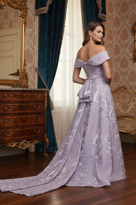 Strapless Fold Over Neckline Floral Brocade Evening Gown
