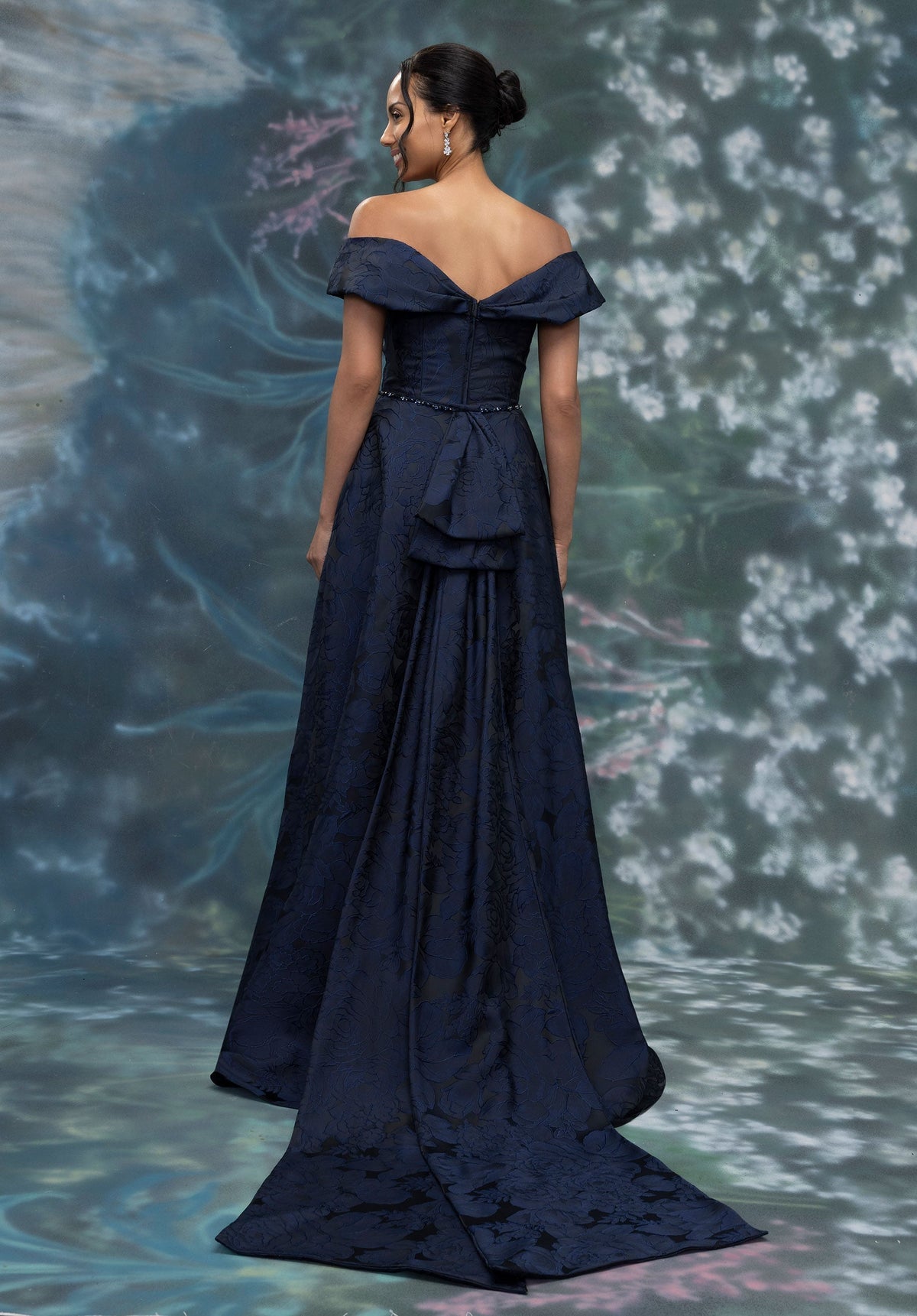 Strapless Fold Over Neckline Floral Brocade Evening Gown