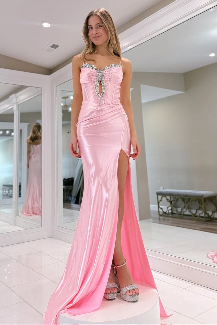 Gorgeous Beaded Straps Mermaid Evening Dress with Slit Satin Formal Party Gown - VelvetHem