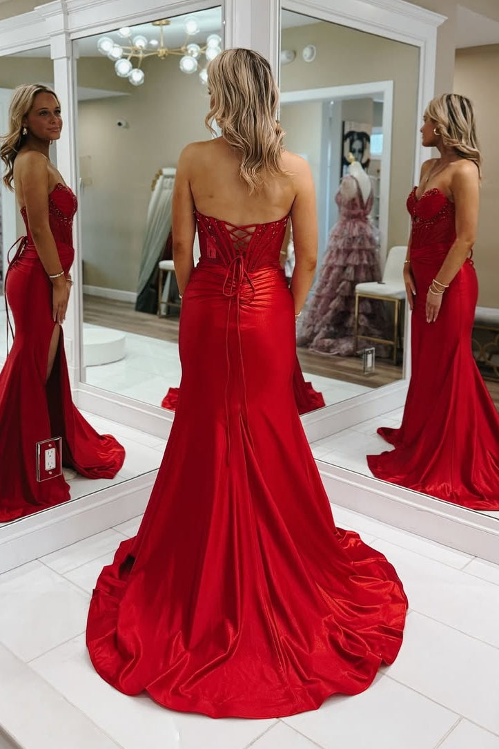 Stunning Red Beaded Sweetheart with Train Evening Dress Formal Party Gown - View 3 | VelvetHem