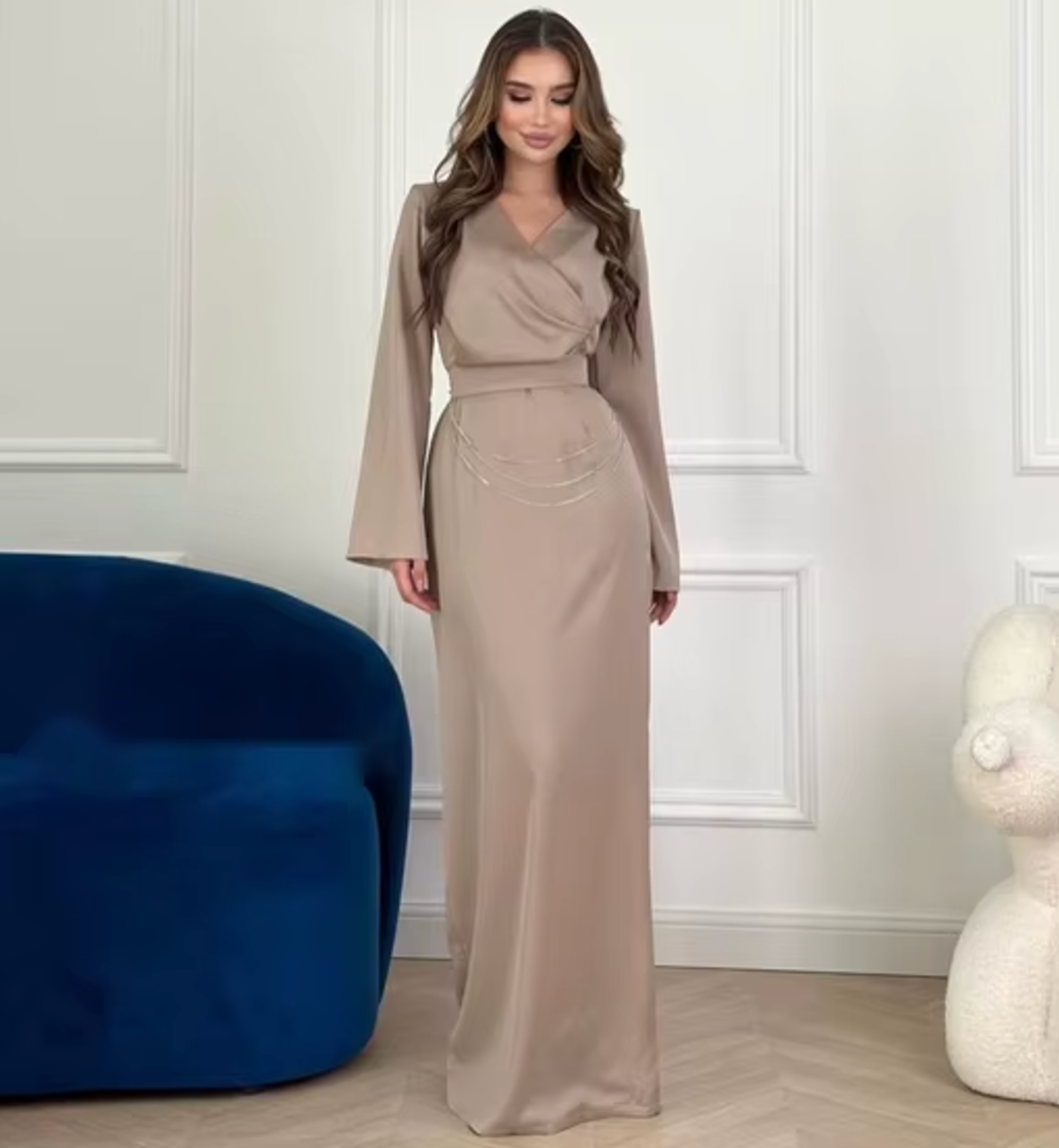 Melania Minimalist Satin Dress with Flared Sleeves Elevated Occasion Wear