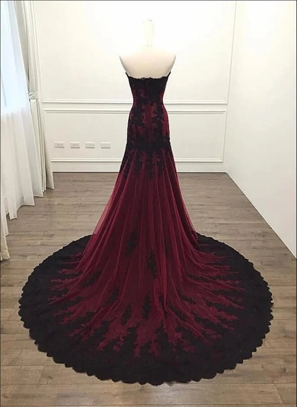 Vintage Mermaid Strapless Burgundy Lace Evening Dress Prom Dress - View 2 | VelvetHem