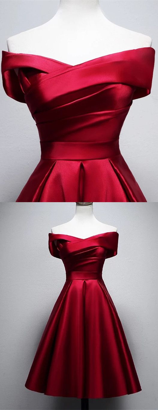 Sexy Tea Length Sweet Red Satin Homecoming Dress Off Shoulder Short Party Dress - VelvetHem