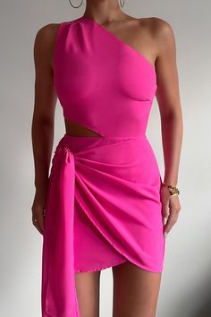 Hot pink one shoulder party dress ruches party dress - View 2 | VelvetHem