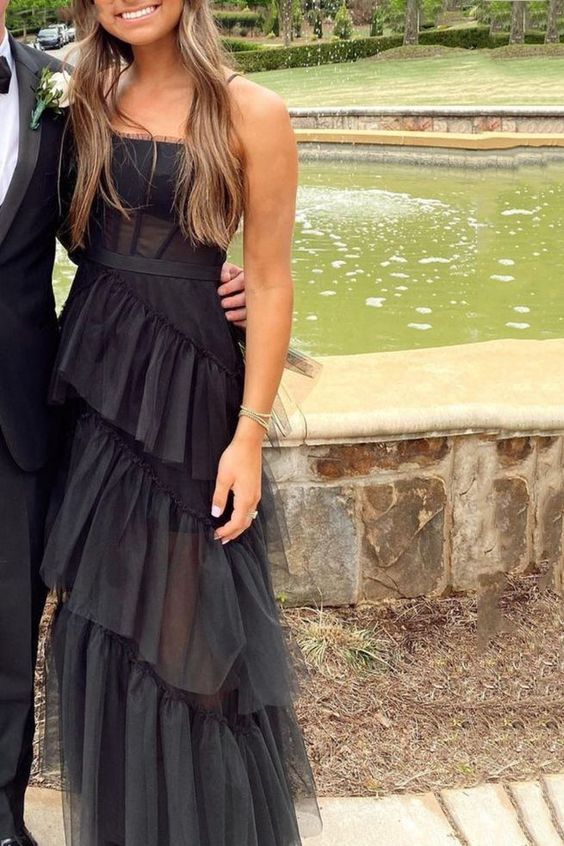 New Arrival A-line Tiered Tulle Black Prom Dress, Spaghetti Straps Long Evening Dress - VelvetHem