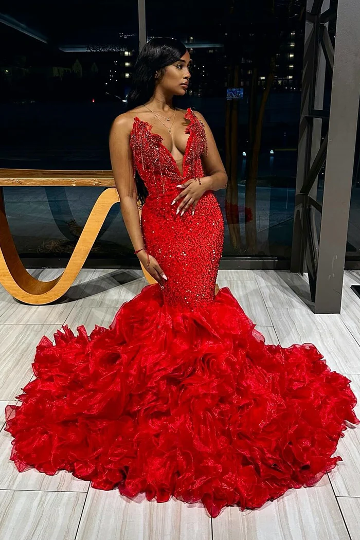 Gorgeous Red V-neck Strapless Ruffles Mermaid Sleeveless Prom Dresses