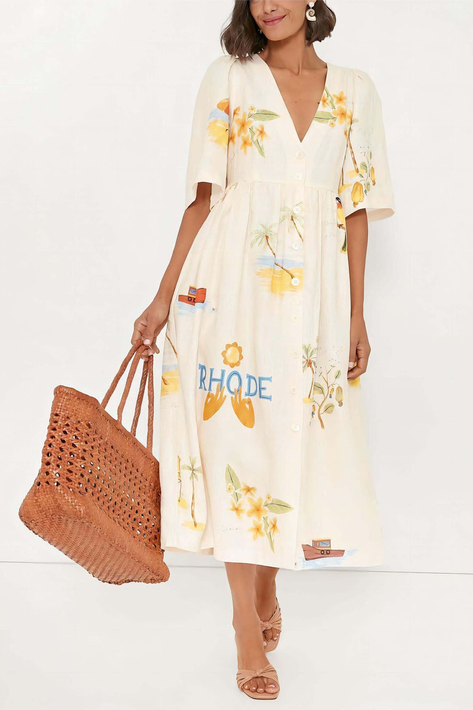 Noelia Premium Printed Linen Midi Dress Elevated Occasion Wear