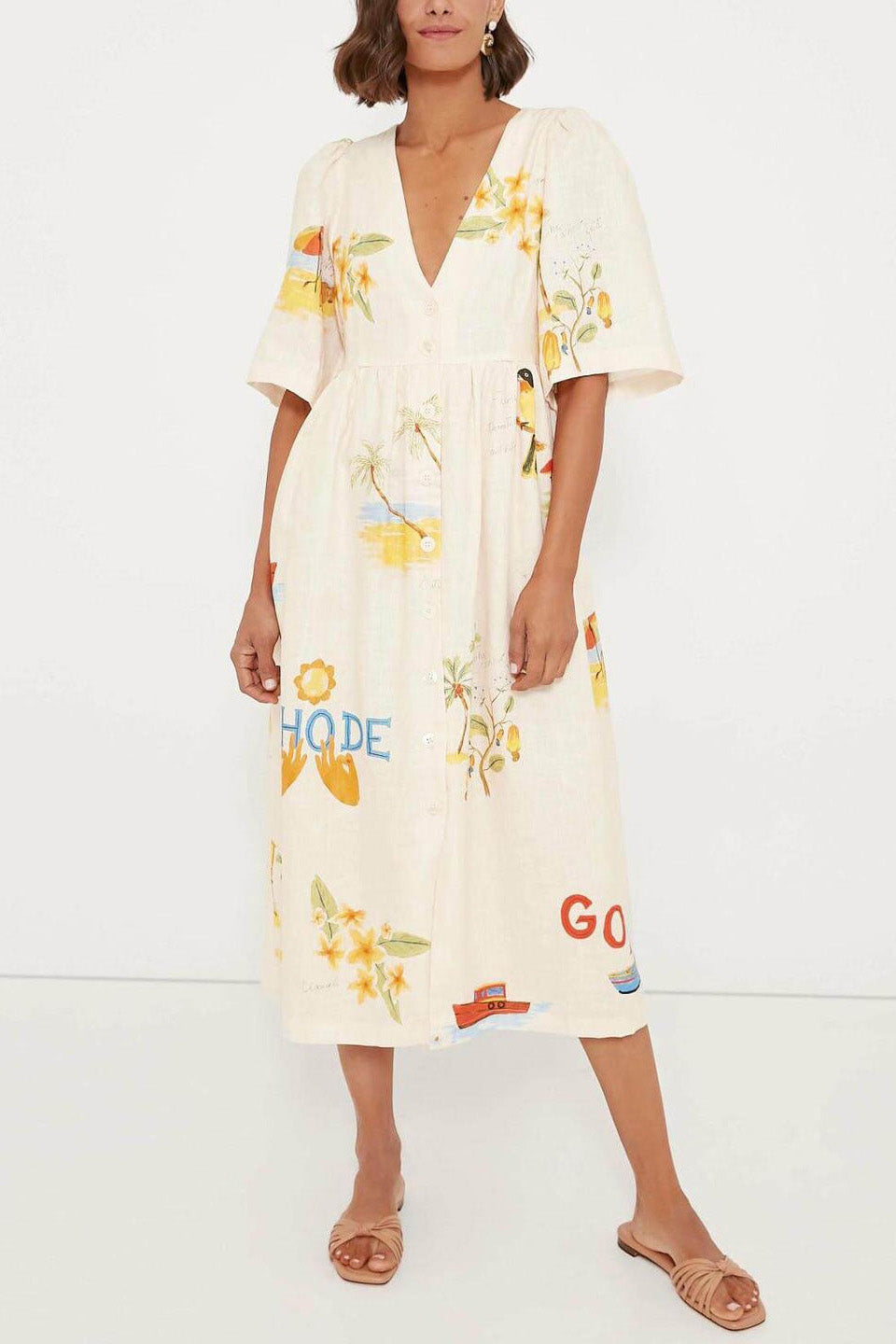 Yolaina Chic Printed Linen Midi Dress Silhouette Collection