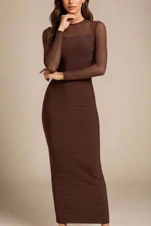Robin Long Sleeve Bandage Maxi Dress - Tan Brown