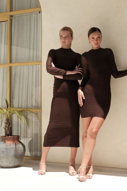 Robin Long Sleeve Bandage Mini Dress - Tan Brown