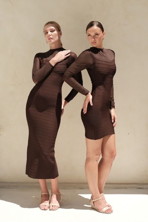 Robin Long Sleeve Bandage Maxi Dress - Tan Brown