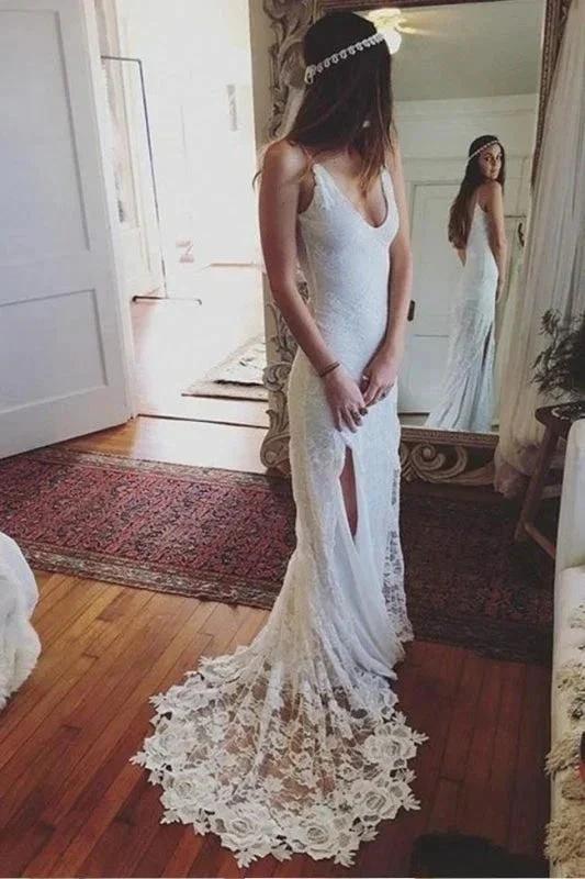 Romantic Boho Deep U Neck Backless Lace Pretty Mermaid Elegant Wedding Dresses (ZD14730)